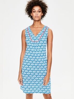 Boden Shell Print Tarifa Coral Trim Shift Dress 100% Cotton Sleeveless V-Neck 8R